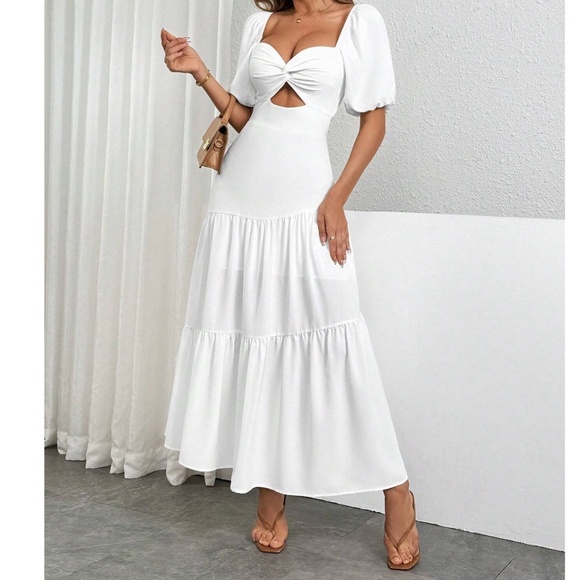 Boho White Puff Sleeve Cut out Maxi Dress - Picture 5 of 5